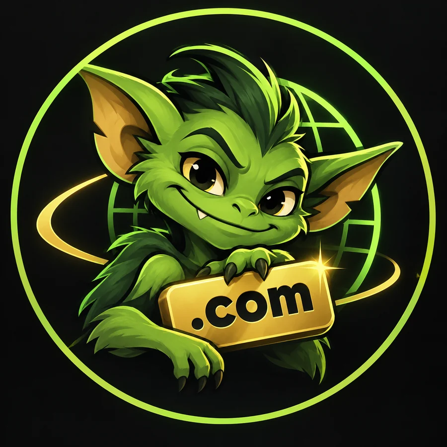 Friendly green NameGremlin mascot presenting a golden .com tag